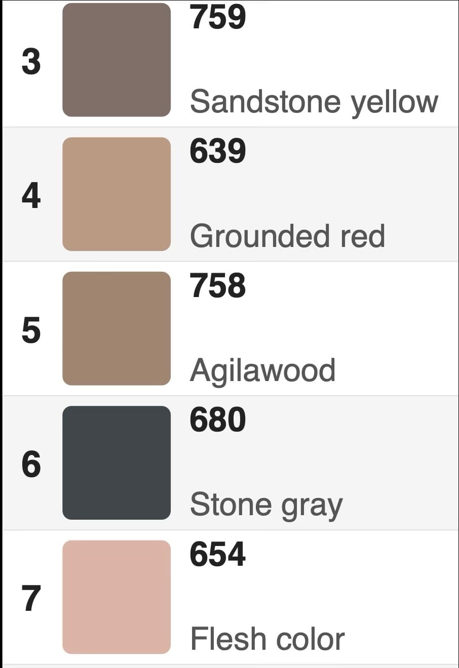 Guangna color codes and names